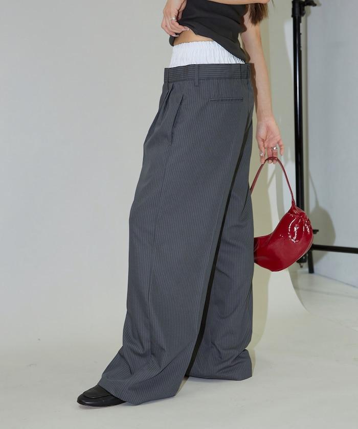 細條紋 雙高腰 雙褶 寬鬆褲