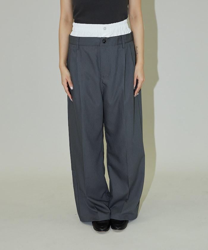 細條紋 雙高腰 雙褶 寬鬆褲