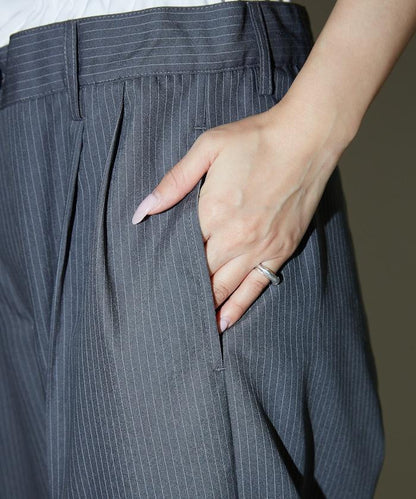 細條紋 雙高腰 雙褶 寬鬆褲