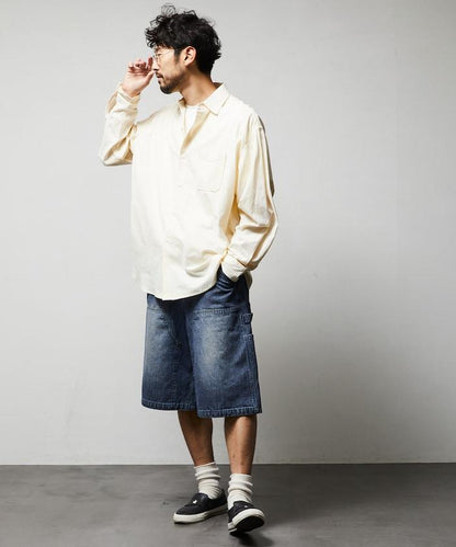 寬鬆剪裁 復古加工 雙膝 胡桃木紋牛仔短褲