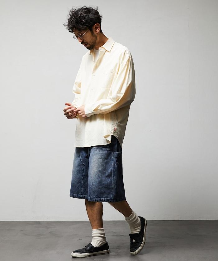 寬鬆剪裁 復古加工 雙膝 胡桃木紋牛仔短褲