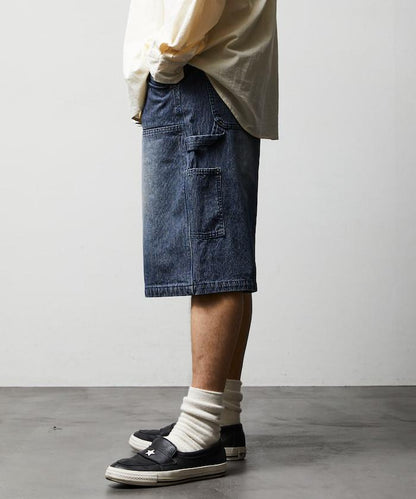 寬鬆剪裁 復古加工 雙膝 胡桃木紋牛仔短褲