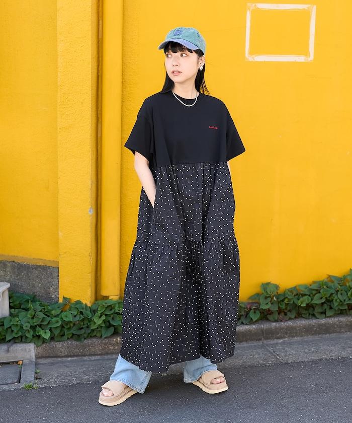 圓點拼接對接切換連衣裙