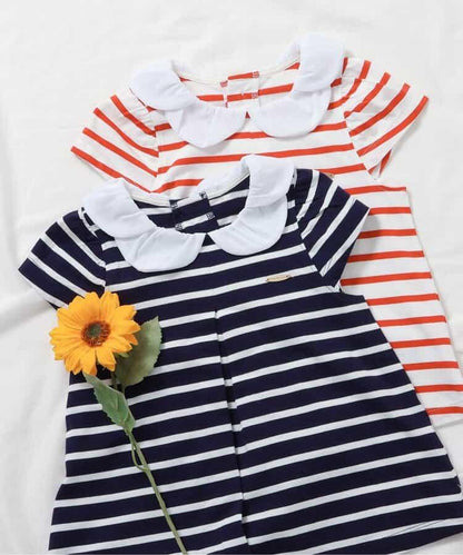 荷葉領條紋連衣裙