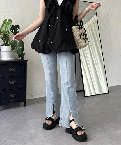 中高腰開叉彈力喇叭牛仔褲