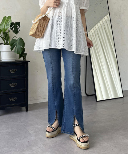 中高腰開叉彈力喇叭牛仔褲