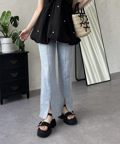 中高腰開叉彈力喇叭牛仔褲