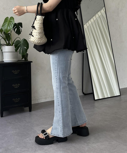 中高腰開叉彈力喇叭牛仔褲