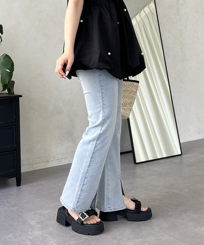 中高腰開叉彈力喇叭牛仔褲