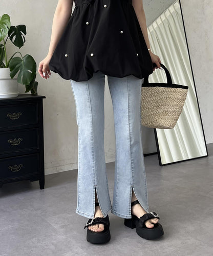 中高腰開叉彈力喇叭牛仔褲
