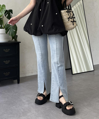 中高腰開叉彈力喇叭牛仔褲