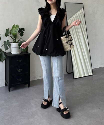 中高腰開叉彈力喇叭牛仔褲