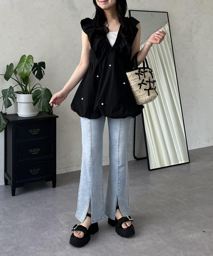 中高腰開叉彈力喇叭牛仔褲