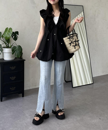 中高腰開叉彈力喇叭牛仔褲