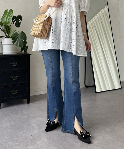 中高腰開叉彈力喇叭牛仔褲