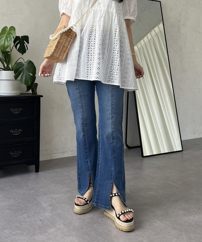 中高腰開叉彈力喇叭牛仔褲