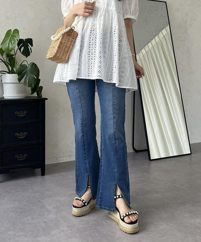 中高腰開叉彈力喇叭牛仔褲