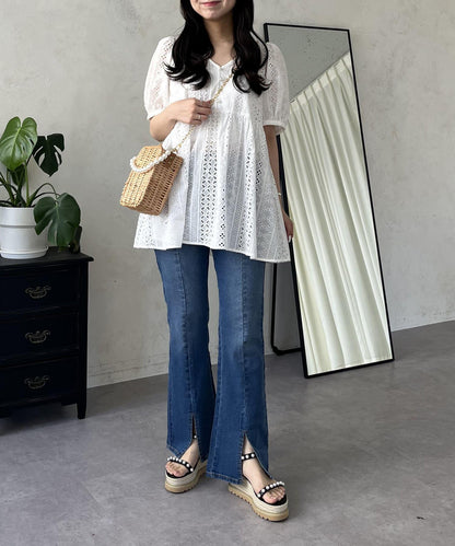 中高腰開叉彈力喇叭牛仔褲