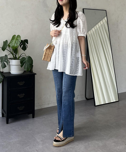 中高腰開叉彈力喇叭牛仔褲