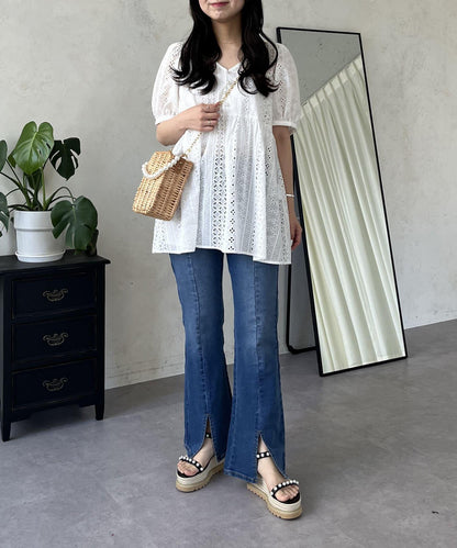 中高腰開叉彈力喇叭牛仔褲