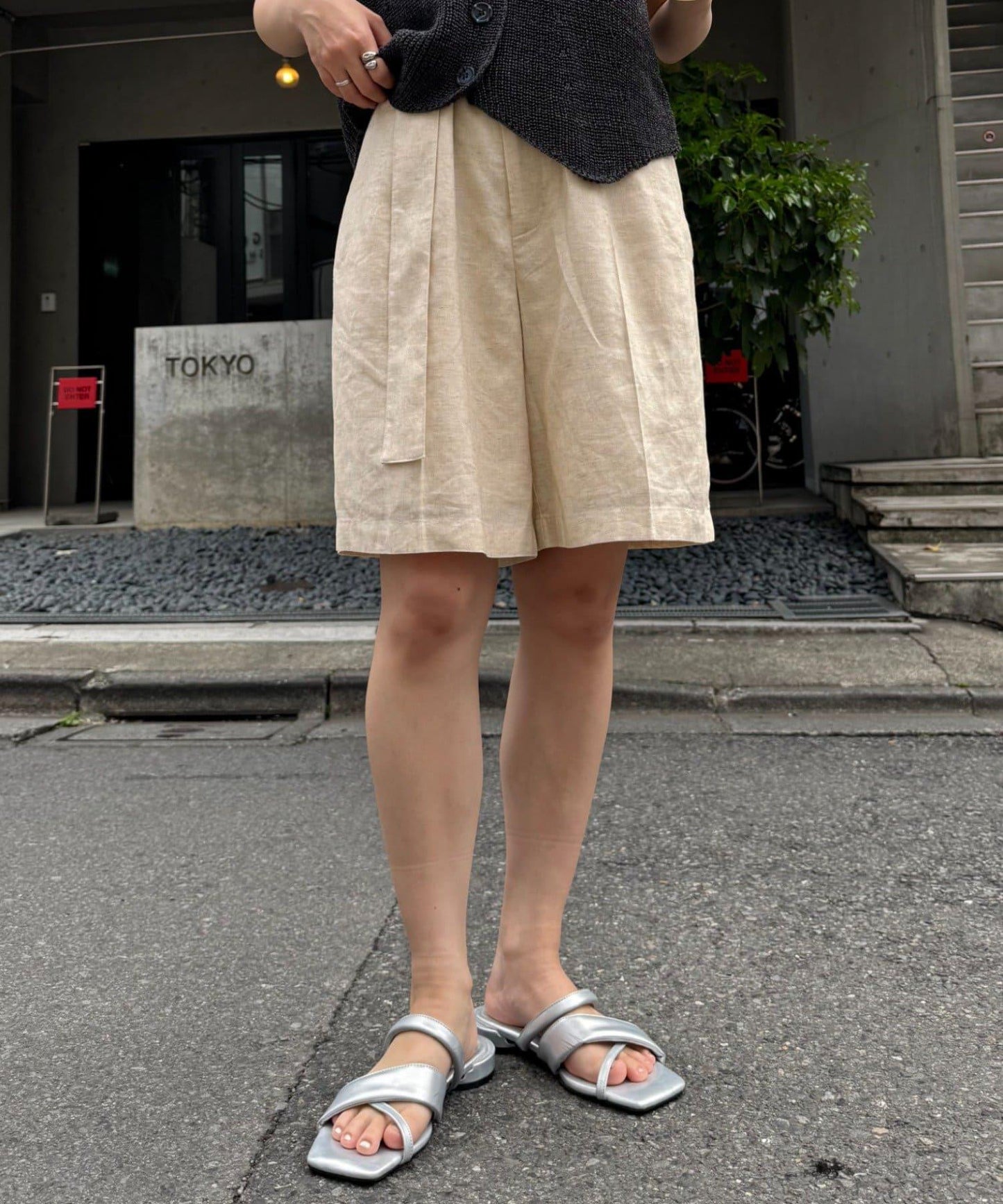 【柳樹】亞麻混紡帶腰帶的短褲