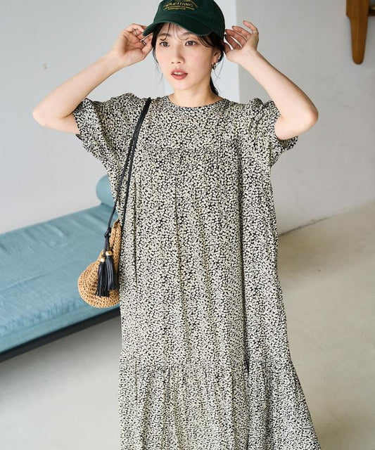 花卉圖案 長款 短袖 連衣裙