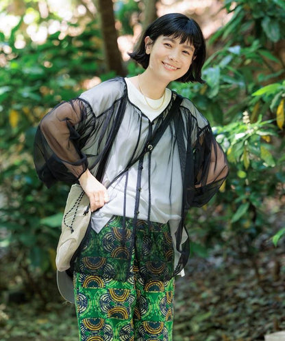 <驅蟲效果>蚊帳 齊褶泡泡袖蕾絲襯衫