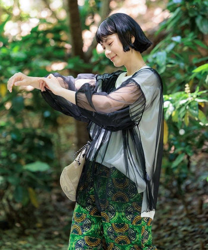 <驅蟲效果>蚊帳 齊褶泡泡袖蕾絲襯衫