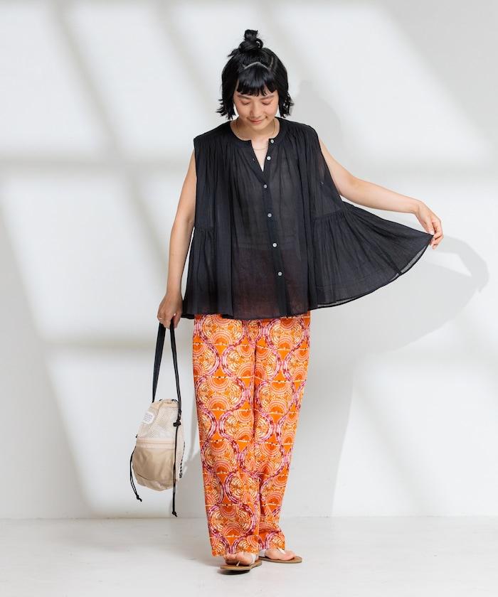 印度棉縐克雷普無袖喇叭袖上衣