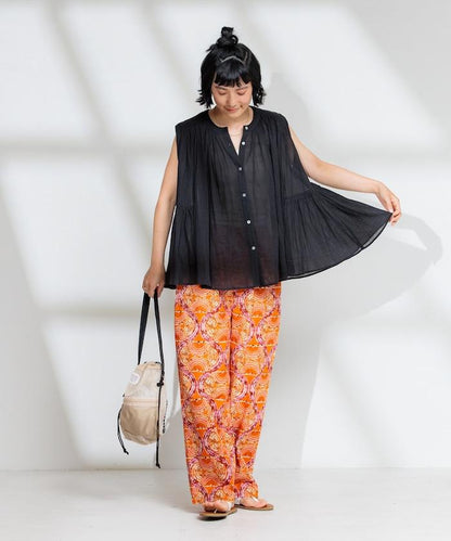 印度棉縐克雷普無袖喇叭袖上衣