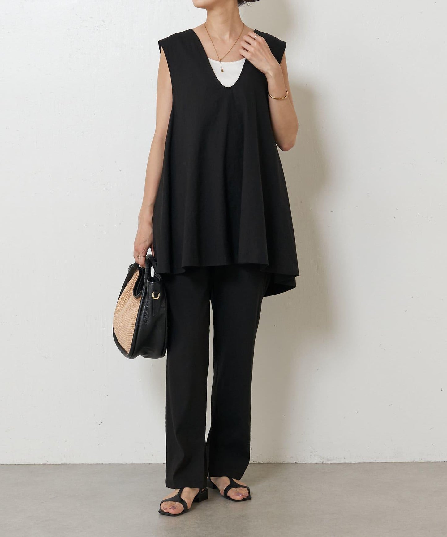 亞麻混合U領喇叭西裝外套