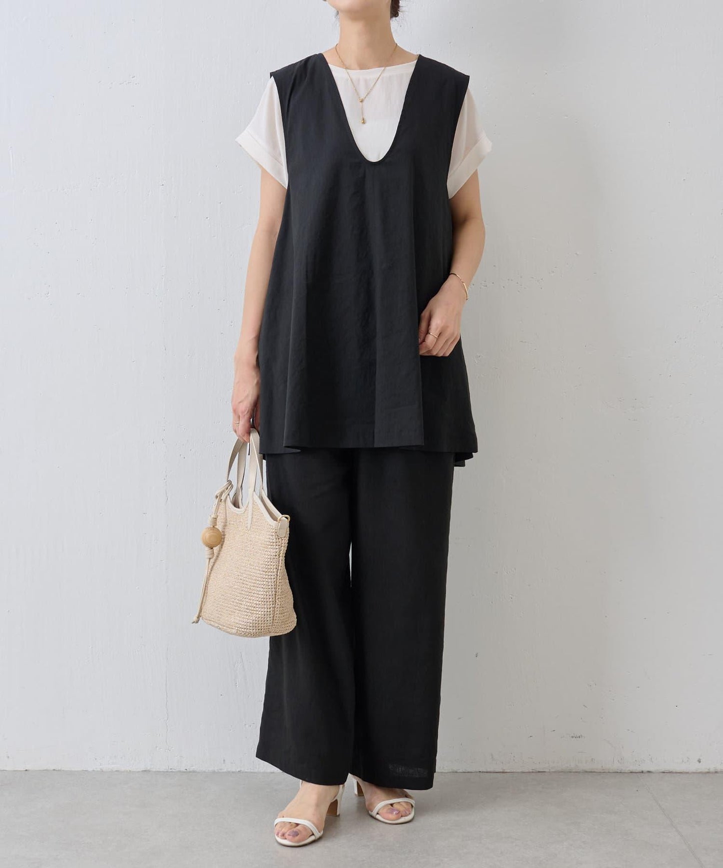 亞麻混合U領喇叭西裝外套