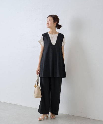 亞麻混合U領喇叭西裝外套