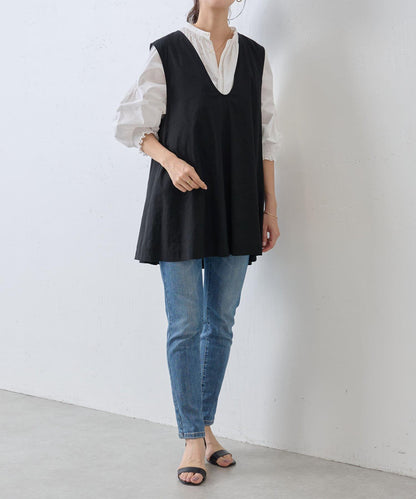 亞麻混合U領喇叭西裝外套