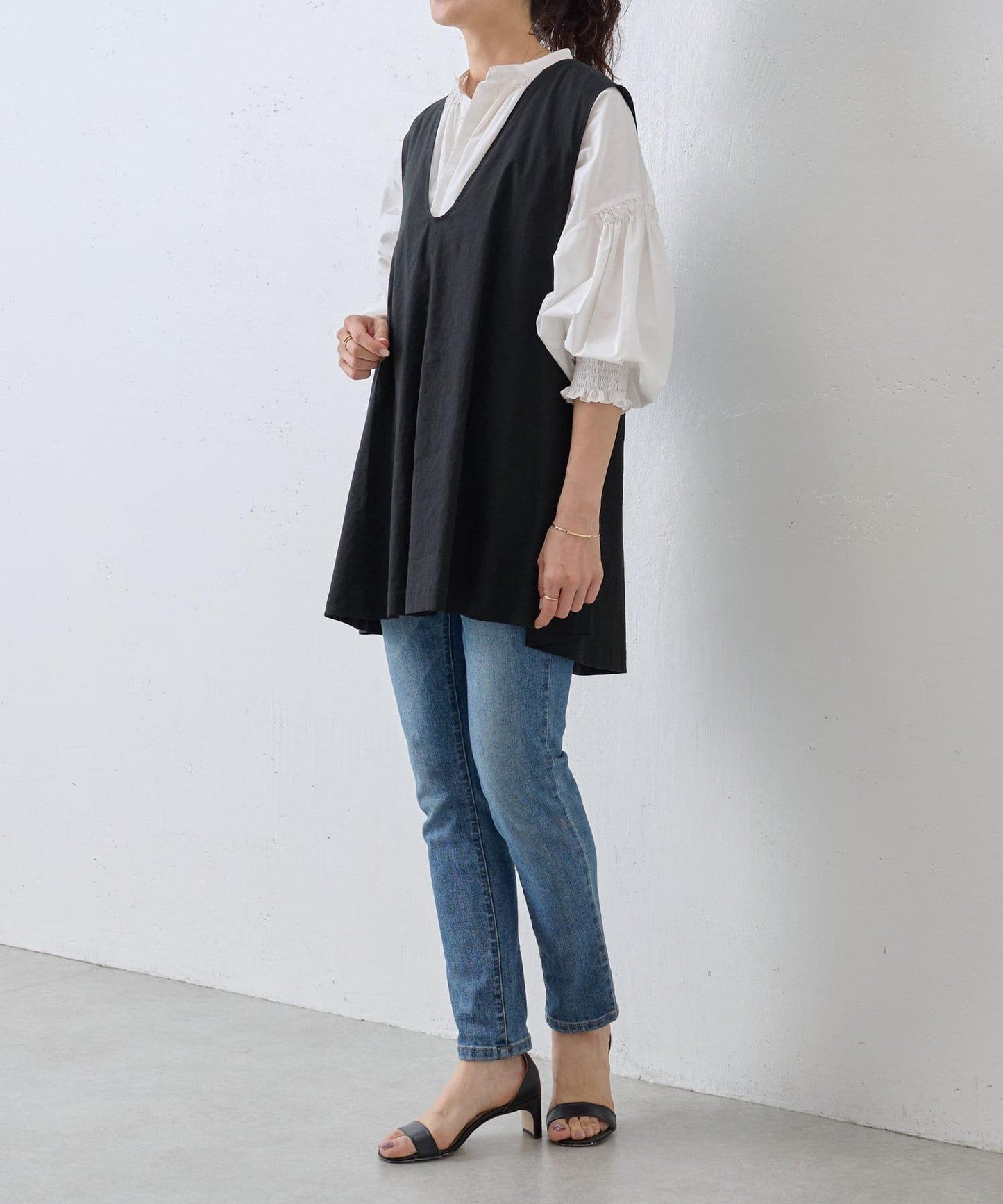 亞麻混合U領喇叭西裝外套