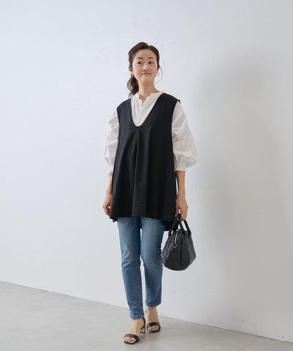 亞麻混合U領喇叭西裝外套