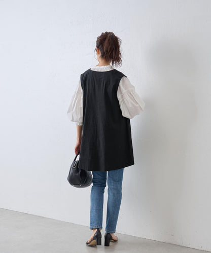 亞麻混合U領喇叭西裝外套