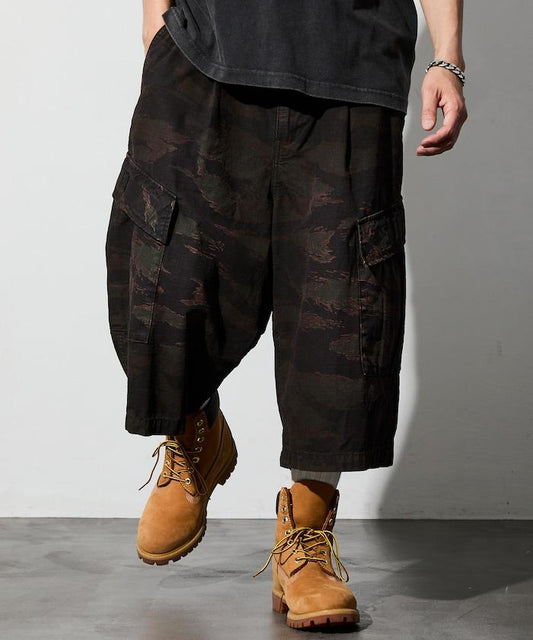 超染印花 寬鬆直筒 裝載口袋 七分褲