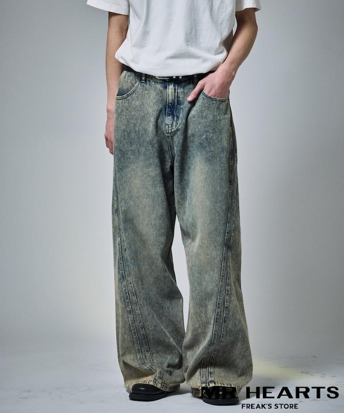 復古水洗弧線牛仔褲