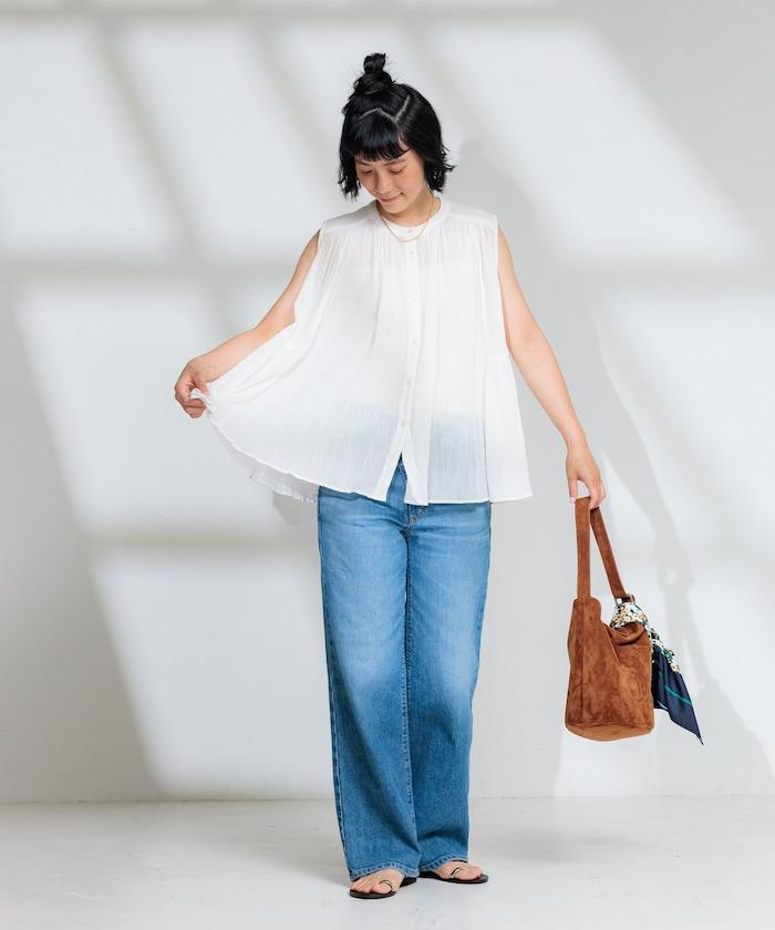 印度棉縐克雷普無袖喇叭袖上衣