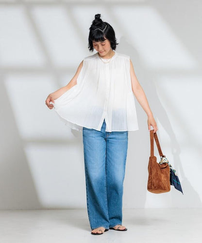 印度棉縐克雷普無袖喇叭袖上衣