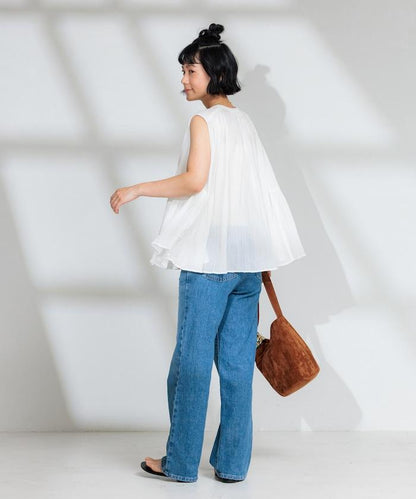 印度棉縐克雷普無袖喇叭袖上衣