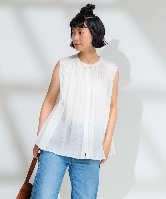 印度棉縐克雷普無袖喇叭袖上衣