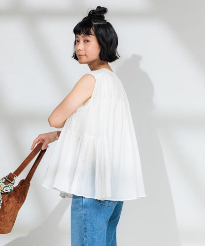 印度棉縐克雷普無袖喇叭袖上衣