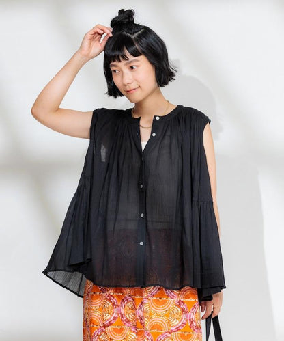 印度棉縐克雷普無袖喇叭袖上衣