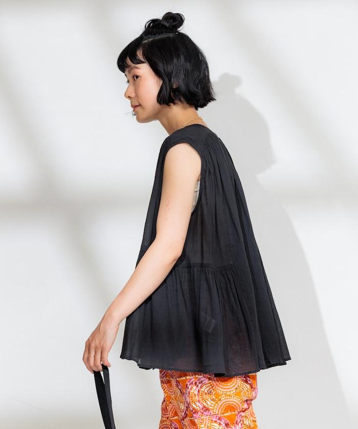 印度棉縐克雷普無袖喇叭袖上衣