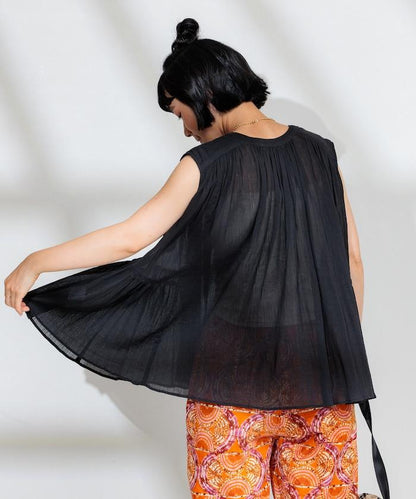 印度棉縐克雷普無袖喇叭袖上衣