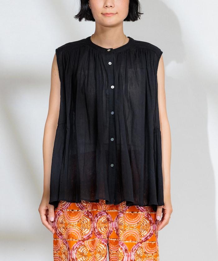 印度棉縐克雷普無袖喇叭袖上衣