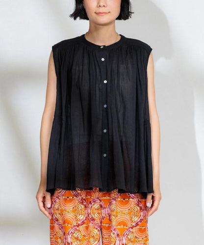 印度棉縐克雷普無袖喇叭袖上衣