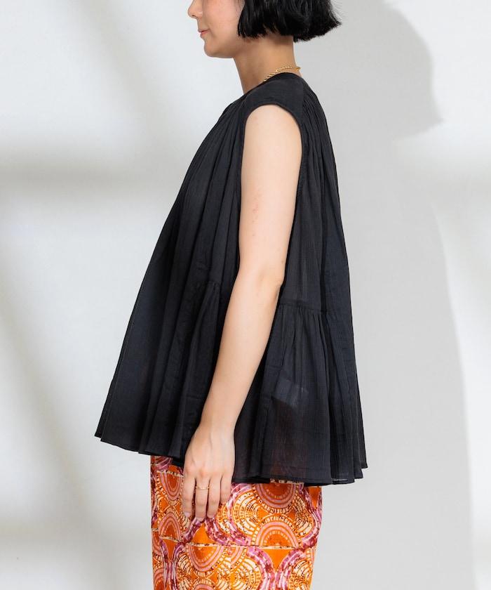 印度棉縐克雷普無袖喇叭袖上衣